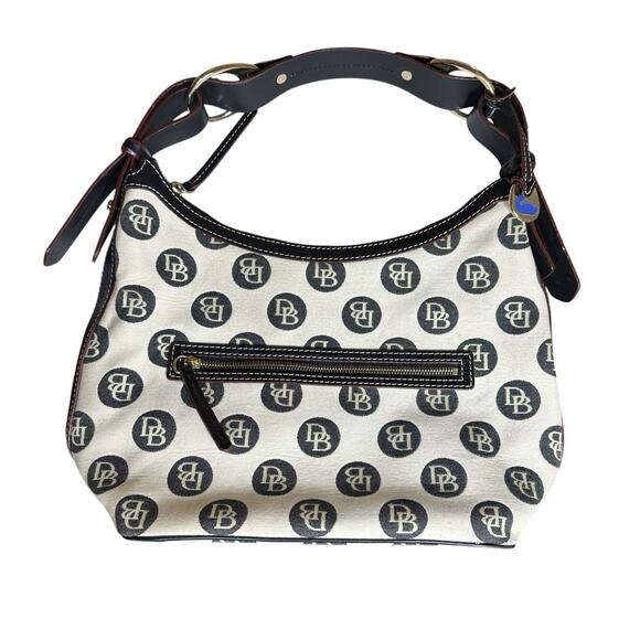 Dooney & Bourke Handbags - Vtg Dooney & Bourke Monogram Shoulder Bag Purse Ivory Black Leather Trim 10.5x15